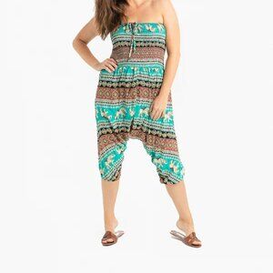 Key West Convertible Romper Cotton Tie Neck Pockets Travel Outdoor Jade